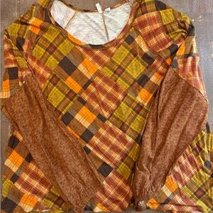 Cato Orange and Gold Asymmetrical Long Sleeve Blouse